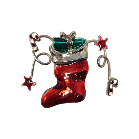 Jewelry - Christmas Stocking Brooch Pin Silver Tone Enamel Red Green White